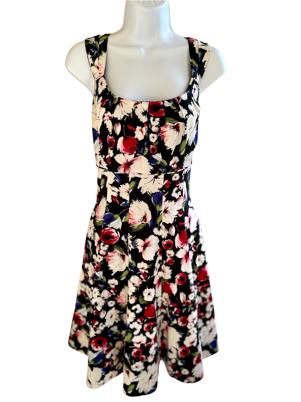 White House Black Market Floral Midi Dress: Black, Red, White - Runs Small